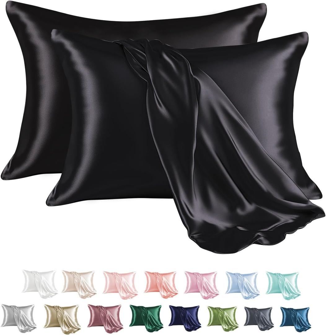 MR&HM Satin Pillowcase for Hair and Skin, Silk Satin Pillowcase 2 Pack, Queen Size Pillow Cases Set of 2, Silky Pillow Cover with Envelope Closure (20x30, Black)