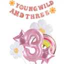 Young Wild and Three Decorations Girl Banner,3rd Birthday Party Decorations,Groovy Retro Hippie Boho Daisy Flower Rainbow And Pink Stars Foil Balloon For Birthday Party Supplies