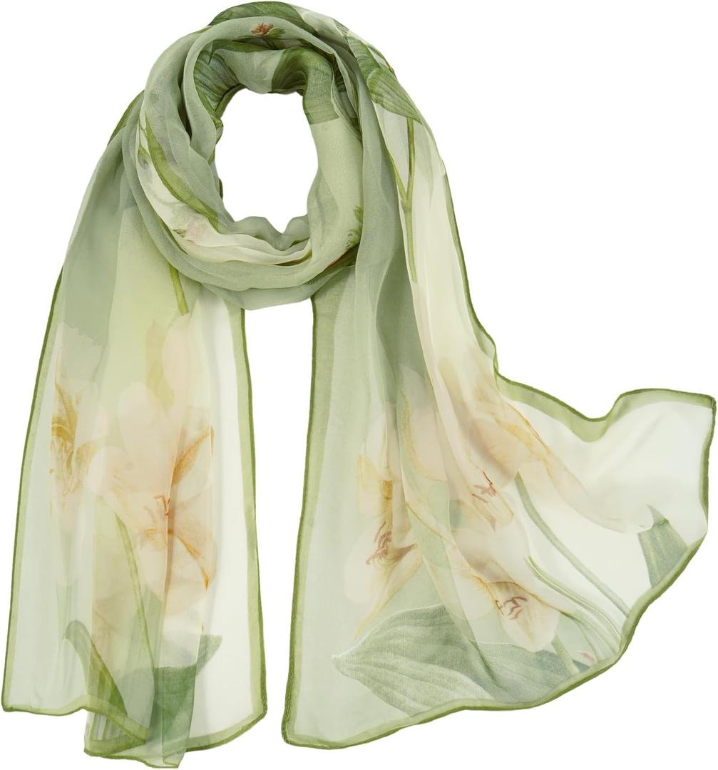 E-Clover Herebuy - Unique Women's Floral Scarves: Chiffon Flowers & Birds Printed Scarf (Green)