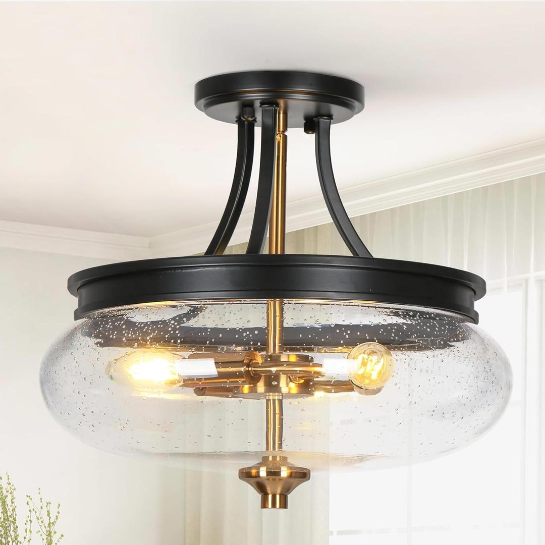 Briglusear Black Flush Mount Ceiling Light,2Lights Modern Farmhouse Ceiling Light Fixture with Seeded Glass Lampshade,Industrial Flush Mount Lighting for Kitchen Hallway Bedroom,Gold Accent Sockets