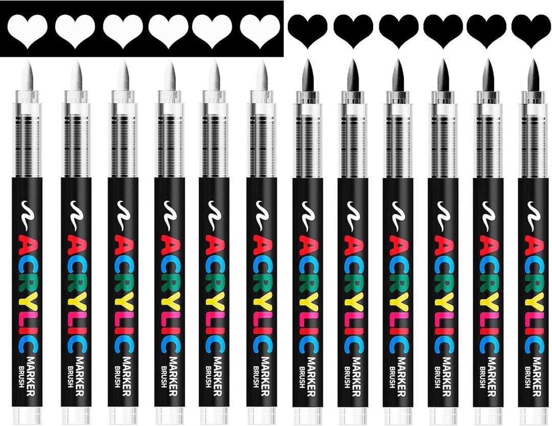 White Black Paint Pen,12Pack Acrylic Paint Marker Ideal for Rock Painting,Wood,Metal,Fabric,Plastic,Canvas,Glass, Ceramic,Diy Crafts (Multicolor)