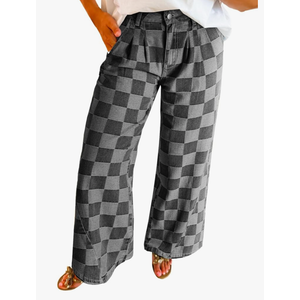 Womens Plaid Print Baggy Wide Leg Jeans High Waisted Straight Leg Denim Pants Chessboard Pattern Jeans Size 4