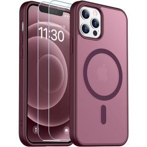 SPIDERCASE for iPhone 12 Case for iPhone 12 Pro Case, Magnetic Translucent Matte Case with 2PCS Tempered Glass Screen Protector Slim Phone Case for iPhone 12/12 Pro 6.1'', Wine Red