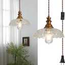 Plug in Pendant Light Industrial Pendant Lighting with Plug in Cord 9.8ft Hanging Lamps Clear Glass Shade Bronze Light Fixture for Living Room Kitchen Dining Room Bedroom (Gold)