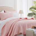 SunStyle Home Pink Quilt Twin Size Bedding Set, Lightweight Comforter Bedspread Blanket Soft Reversible Coverlet for All Season 2pcs Leaf Embroidered Durable Quilted Stitching Bed Set Blush Girl