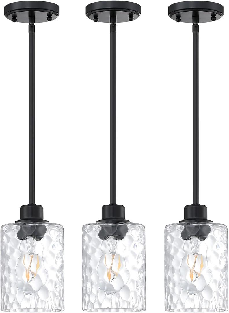 3 Pack 1 Light Modern Globe Hanging Pendant Light Clear Hammer Glass Chandelier Shade Fixture Fixture,Black Finish Kitchen Island,Dining Room (4.75'' Black)