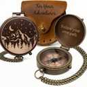 Engraved Brass Pocket Compass Gift for Men Vintage Antique Compass for Hiking, Adventure, and Travel Leather Case Included Moon & Stars, or Road Design Gift for Dad, Husband, or Son