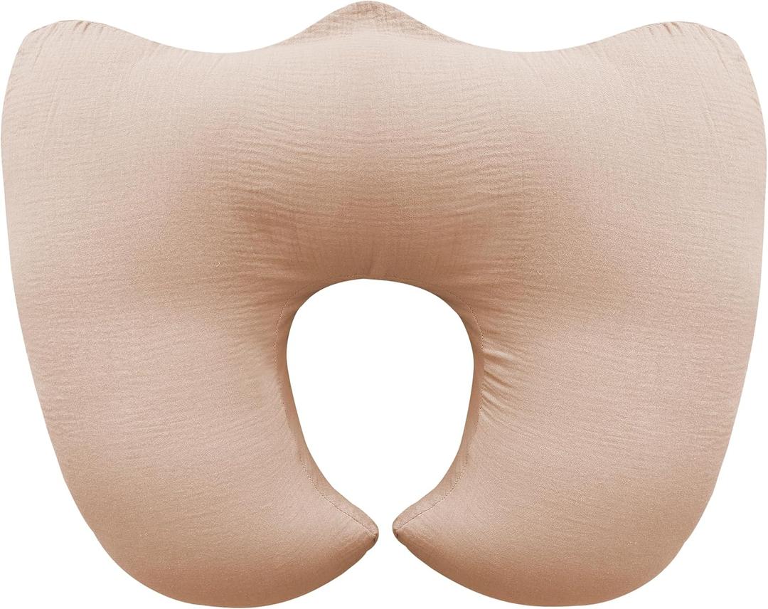Muslin Nursing Pillow for Breastfeeding, 100% Cotton Cover Original Plus Size Breastfeeding Pillows for More Support for Mom and Baby, Removable Muslin Cover, Light Tan