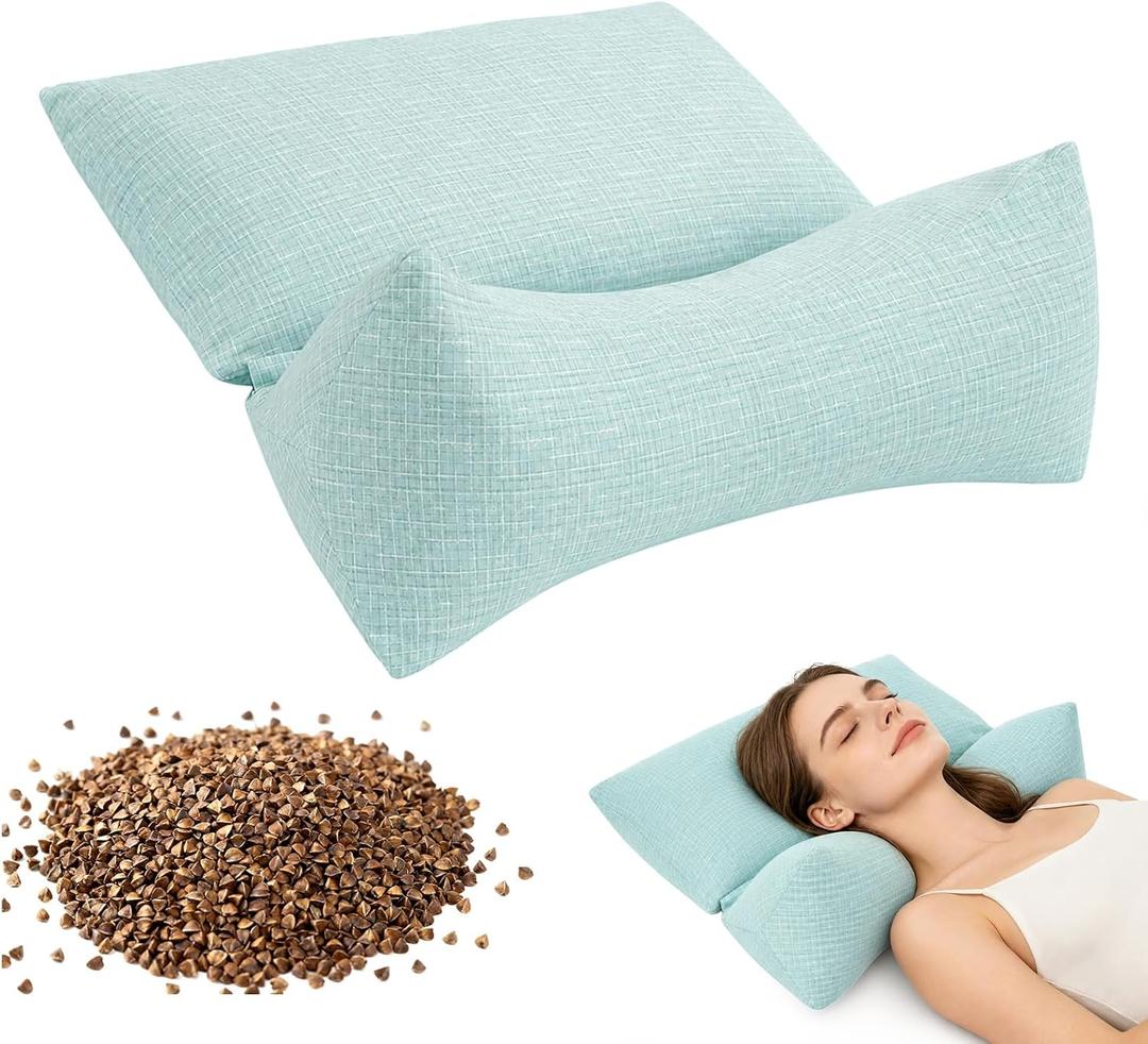 vocheer 3-in-1 Detachable Buckwheat Pillow for Sleeping, 18"X14" Buckwheat Hull Pillows, Cervical Neck Pillow for Pain Relief, Adjustable Height and Firmness, Firm Support for Back Sleepers