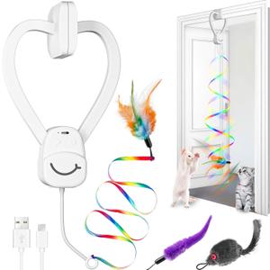 Interactive Cat Toys for Indoor Cats, Automatic Hanging Door Feather Toy Mouse & Ribbon Wand Teaser,USB-Rechargeable Self Play Chase Exercise Feather Toys for Bored Indoor Adult & Kitten Cats (White)
