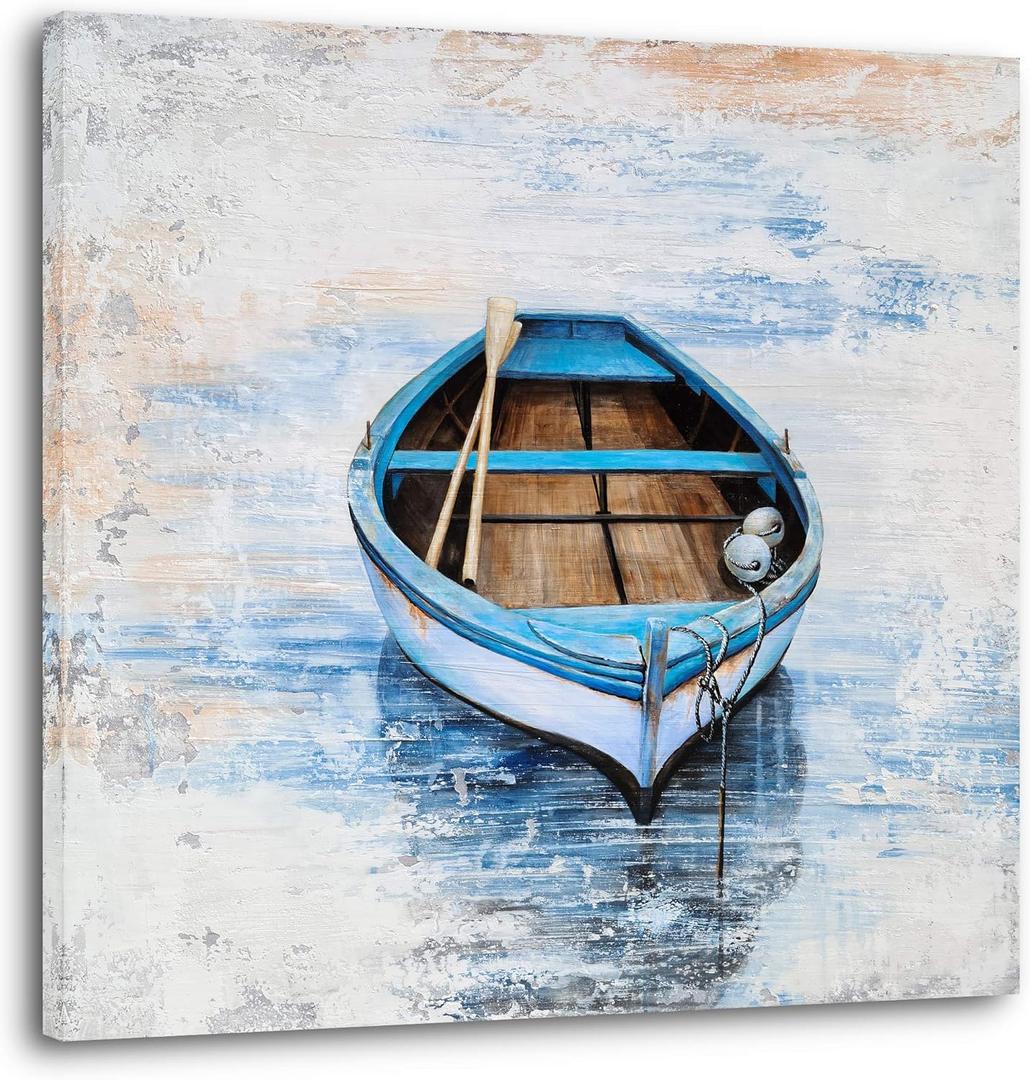 YHSKY ARTS Coastal Canvas Wall Decor Hand Painted Light Blue Sailing Boat Painting Square Pictures Modern Abstract Nautical Artwork for Living Room Bedroom Bathroom Decoration (30L" x 30W")