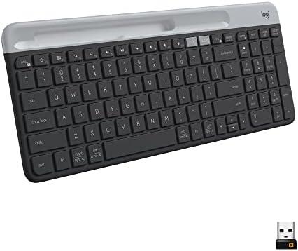 Logitech K585 Multi-Device Slim Wireless Keyboard, Built-in Cradle for Device; for Laptop, Tablet, Desktop, Smartphone, Win/Mac, Bluetooth/Receiver, Compact, Easy Switch, 24 Month Battery - Graphite - Bluetooth Connection Instructions Included