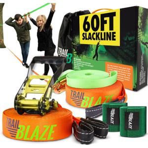 Trailblaze Slackline Kit with Tree Protectors | Backyard Slacklines for Kids and Adults | Beginner's Tight Rope Line Set | Double Slack Lines 60ft