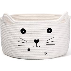 Zopeal Cat Basket Storage Woven Organizer with Ears Decorative Pet Toy Cute Cotton Rope Basket for Gift Cat Dog Toy Bin Nursery Room Kid (White, 13.7 x 7.8 Inch)