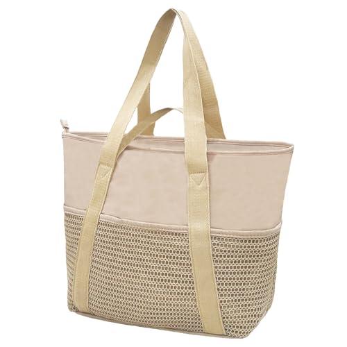 lifwimner Waterproof Beach Bag Sandproof Swiming Tote Bag with zipper large Mesh Pool Bag(Beige)