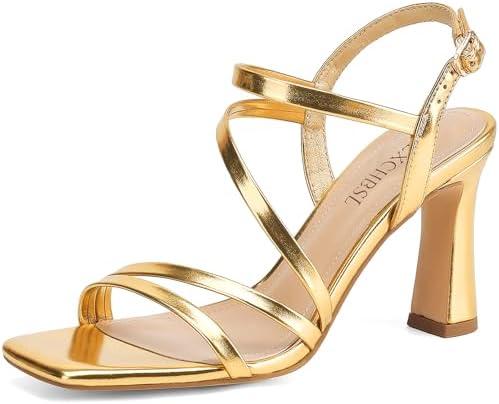 SLXCHBSL Strappy Heels for Women 3 Inch Chunky Block High Heels Square Open Toe Ankle Strap Dress Sandals for Wedding Prom Party Bridesmaid Size 9