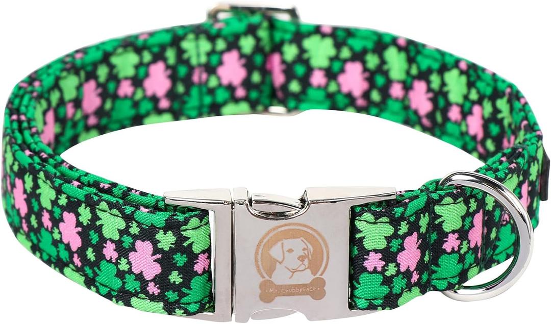 MR. CHUBBYFACE St.Patrick's Clover Dog Collar, Green Clovers Shamrock Adjustable Dog Collar, Cute St.Patrick's Collar for Small Dogs