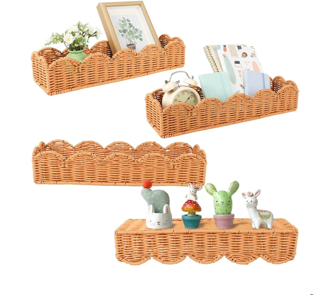 4 Set Nursery Book Shelves Scalloped Plastic Artificial Rattan Classroom Wall Shelf 15.8 Inch Wall Mounted Floating Bookshelve, Hanging Boho Wicker Woven Shelf for Bedroom Farmhouse Decor (4, Brown)