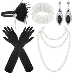 Maitys 1920s Accessories Set for Women Flapper Costume Feather Headband Necklace Bracelet Earrings
