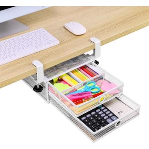 ROSLINE Under Desk Drawer Organizer, Clamp On 2 Tier Slide Out Mesh Storage Drawer, Metal Under Desk Storage for Home and Office (White - 2 Tier)
