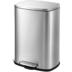 QUALIAZERO 50L/13Gal Heavy Duty Hands-Free Stainless Steel Commercial/Kitchen Step Trash Can, Fingerprint-Resistant Soft Close Lid Trashcan, 50L / 13 GAL