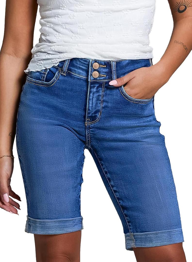 Sidefeel Women's Jean Shorts High Waisted Stretchy Bermuda Folded Hem Denim Summer Shorts (Blue, Size 12)