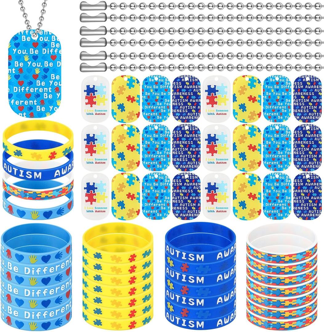 90 Pcs Autism Awareness Dog Tags Set Colorful Puzzle Pieces Motivational Autism Accessories with 30 Acrylic Dog Tags 30 Rubber Bracelet 30 Steel Chain for Gifts Men Women Party Supplies