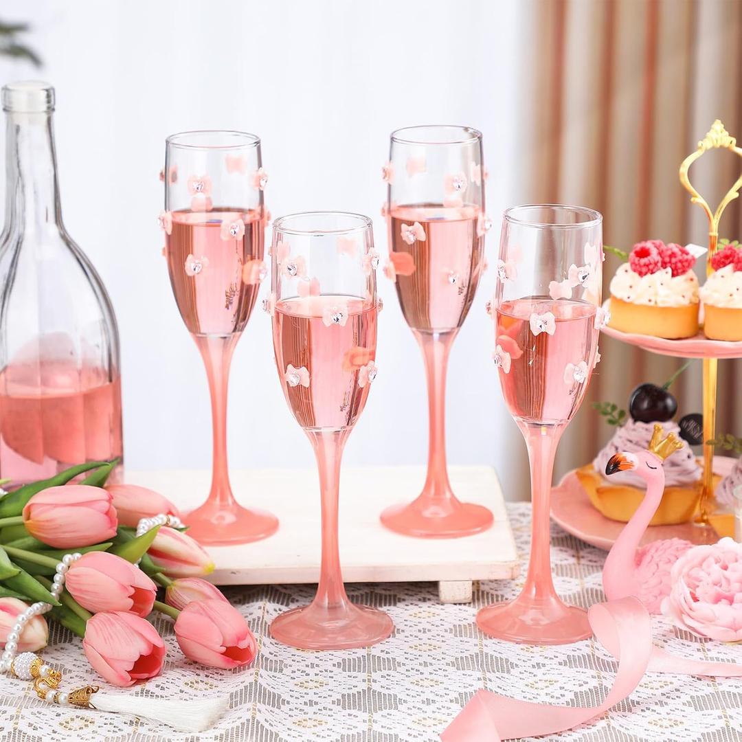 4 Pcs Pink Bow Champagne Flute Glasses Set, 6 OZ Christmas Champagne Wine Glasses with Long Stem, Elegant Girly Glassware Gift for Xmas Bachelorette Bridal Shower Wedding Birthday Party