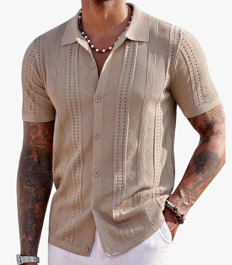 COOFANDY Men's Knit Shirts Short Sleeve Button Down Polo Shirt Fashion Casual Summer Beach Shirts, Size M