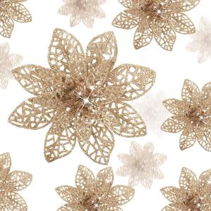 Boao Champagne 24 Pieces Poinsettia Flower Christmas Glitter Artificial Poinsettia with Clips Christmas Tree Ornament Decorations for DIY Xmas Wreath Holiday Home Party Decor, 3/4/6 Inches
