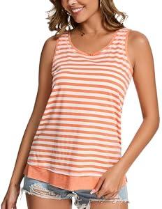 LOCUBE Women's Summer Striped Tank Top Sleeveless Scoop Neck Loose Casual Tee (Coral, XX-Large)