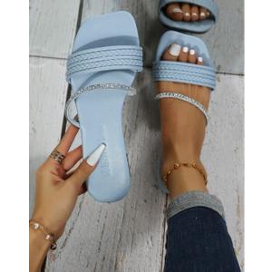 European And American Style Handwoven Striped Rhinestone Flat Sandals For Women, Lightweight, Comfortable, Anti-Slip, Durable Size 40