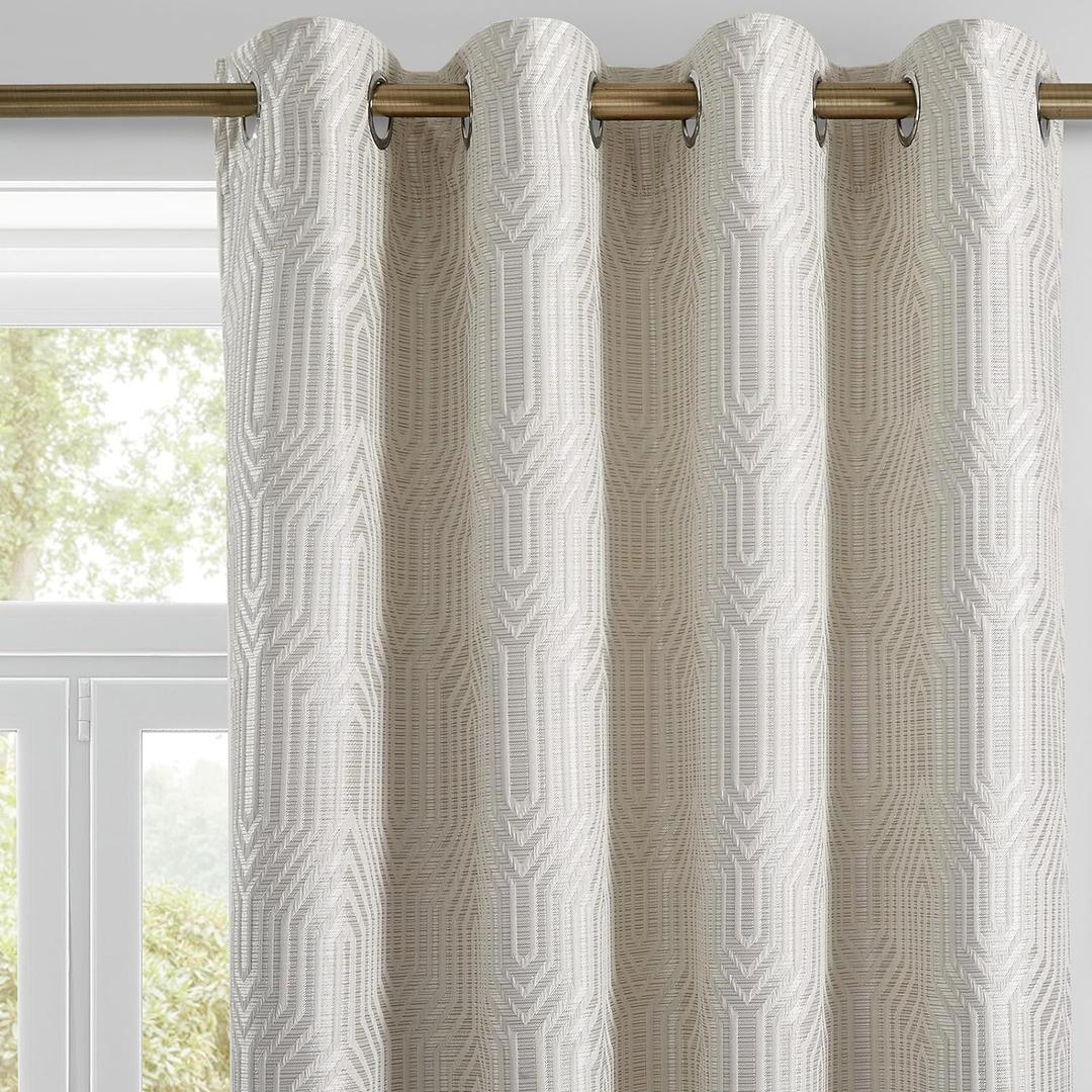 Beige and Silvery 100% Blackout Geometric Pattern Curtains, 52 Inch Wide 96 Inches Long 2 Panels, Thermal Insulated Noise Reducing Anti-Rust Grommet Drapes for Bedroom Living Room, Cream