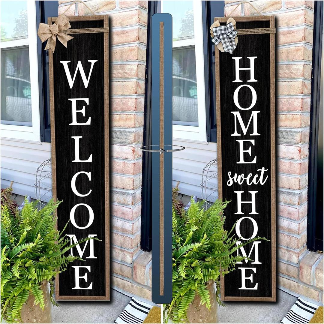 Outdoor Welcome Sign for Front Porch Standing Large 2 Sided 45"X9" Wooden Frame Tall Vertical Leaner Long Home Sweet Home Front Door Sign for Rustic Outside Farmhouse Modern Decor (Wood Black)