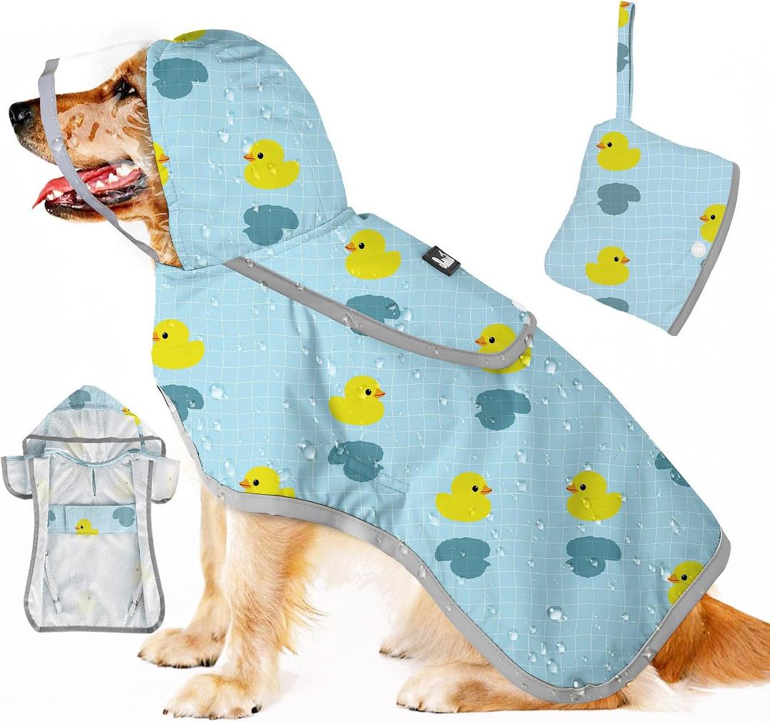 SlowTon Dog Raincoat, Adjustable Dog Rain Jacket Clear Hooded Double Layer, Waterproof Poncho with Reflective Strip Straps and Storage Pocket for Small Medium Large Dogs Puppies(DK XL) (Duck Pattern)