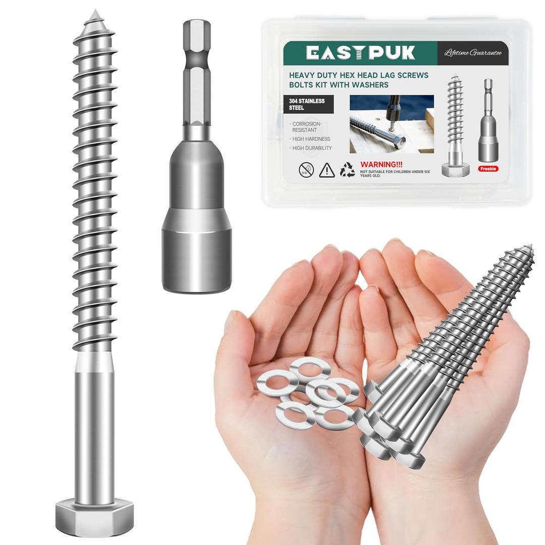 (8Sets) 3/8 Bolt, 3/8" x 4" Hex Head Lag Bolts, Heavy Duty Lag Screws with Washers, 304 Stainless Steel 18-8, 3/8 Bolt for Wood, Partial Thread