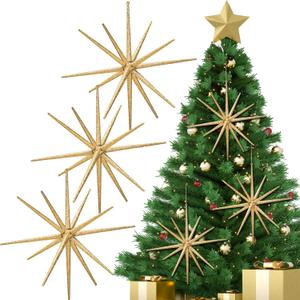 Syhood 6 Pcs Glitter Starburst Star New Year Ornaments 8 Inch Exploding Glitter Starburst Bethlehem Star Hanging Tree Ornaments Tabletop 3D Decor New Year Holiday Party(Champagne Gold,Classic)