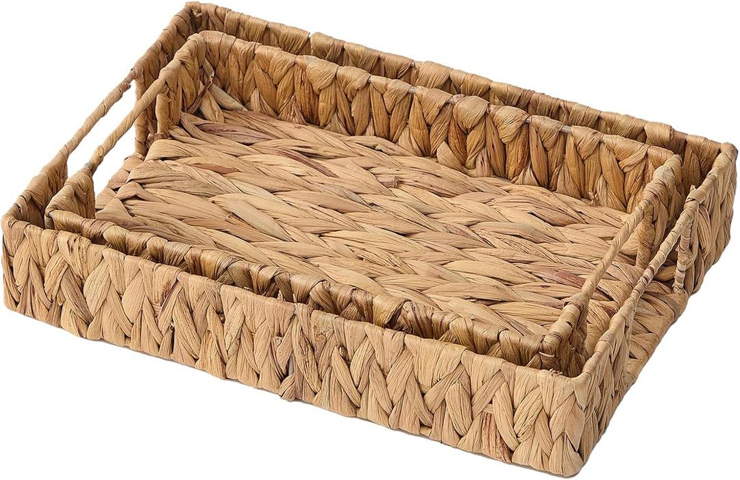 Hand-Weaving Wicker Serving Tray with Handle, Natural Grass Weaving for Storage or Decoration, Set of 2 Rectangle