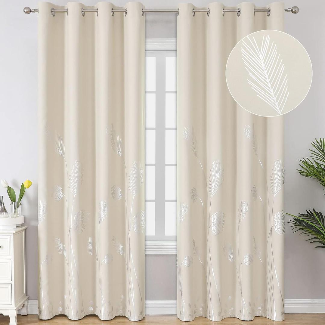Estelar Textiler Cream Beige Room Darkening Curtains 102 Inches Long with Silver Palm Leaf and Wheat Pattern, Light Filtering Window Curtain Drapes for Bedroom and Living Room, 52Wx102L, 2 Drapes