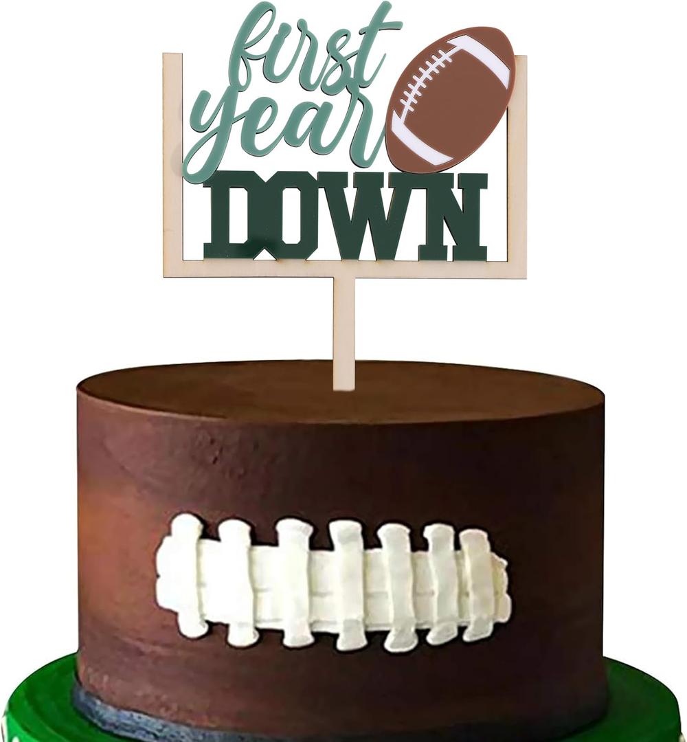 Wooden First Year Down Cake Topper - Football 1st/First Birthday Party Decorations, Football 1st Birthday Cake Topper ,Sport Party Cake Smash (Topper-2)