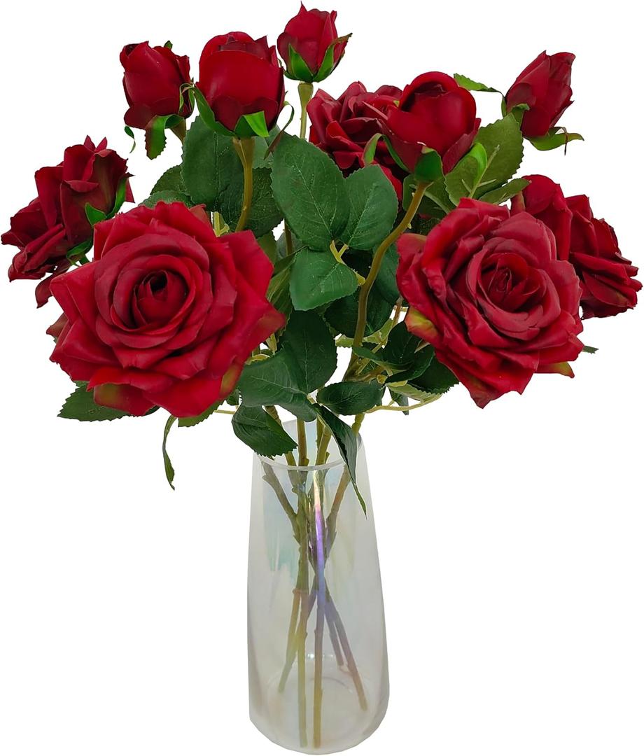 ATFL Fake Red Roses Flowers, 6 Pcs Faux Silk Real Touch Moisturizing Artificial Rose Flowers for Decoration DIY Wedding Party Home Office Decoration and Dining Table Centerpiece (6, red)
