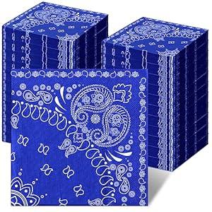 Teling 200 Pcs Western Bandana Napkins 2 Ply Bandana Paper Napkins Bulk Disposable Paisley Print Cocktail Napkin for Western Cowboy Theme Birthday Party Supplies, 6.3 * 6.3"(Blue)