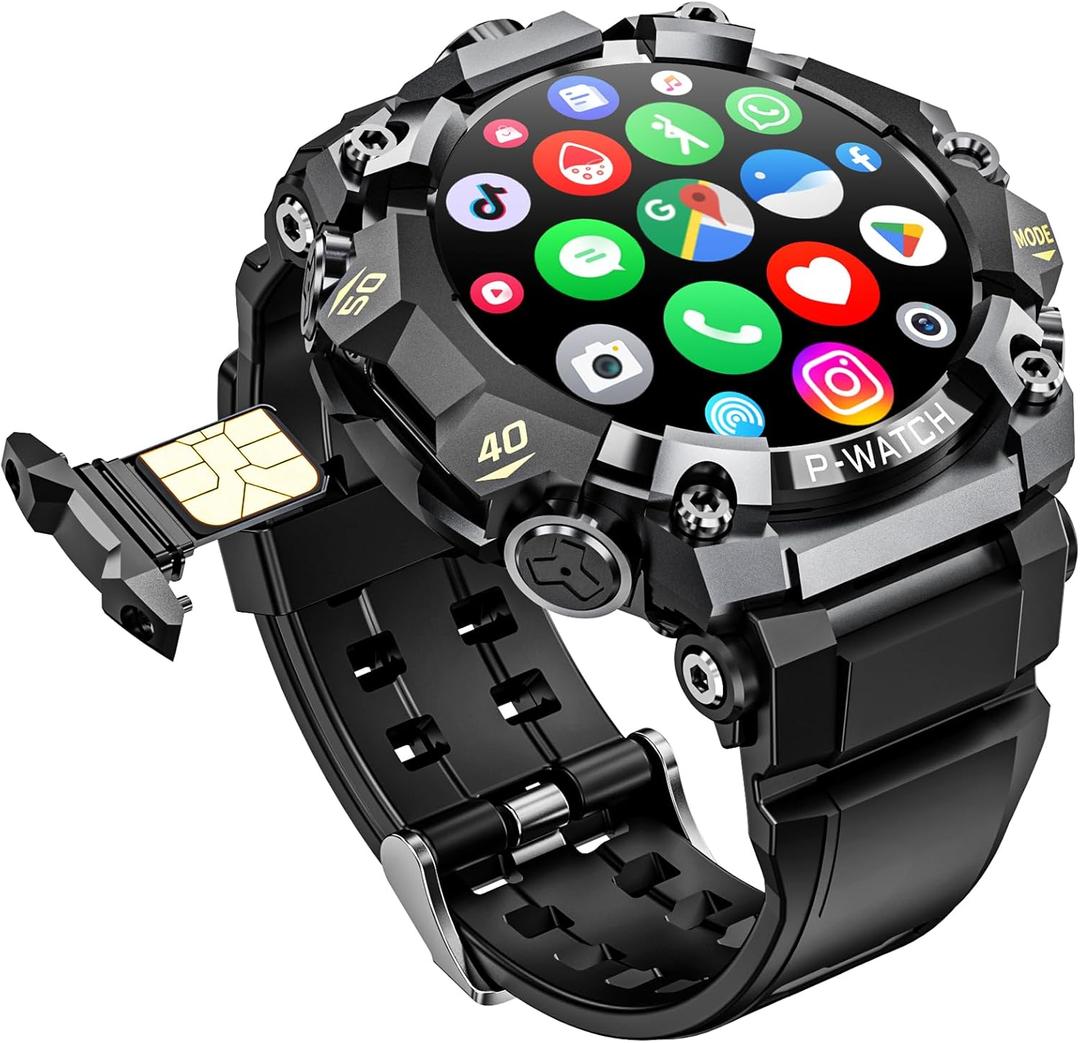 4G SIM Card Android IP68 Smartwatch with GPS & WiFi, Dual-Lens HD Cameras, 1150mAh Military Watch for Men, App Downloadable, 1.5" AMOLED Large Screen for Video Chat, Health Activity Tracker (Black)