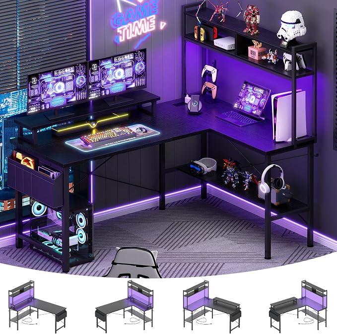 Aheaplus L Shaped Gaming Desk with Power Outlets & LED Lights, Black
Small L- Shaped Desk Computer Corner Desk with Monitor Stand & Shelf, Home Office Desk Writing Desk with Storage Bag & Hooks