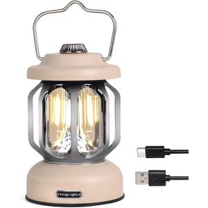 Rechargeable LED Camping Lanterns, Vintage Camping Lights Battery Operated, Portable Retro Metal Glamping Lights for Hiking, Hurricane, Decoration, Power outages, White, 1 Pack