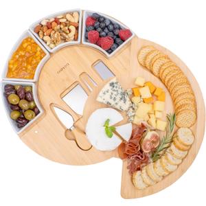 Charcuterie Cheese Board and Platter Set - Made from Bamboo Wood - US Patented 13 inch Cheese Cutting Board and Knife for Entertaining and Serving - 4 Knives - 4 Bowls