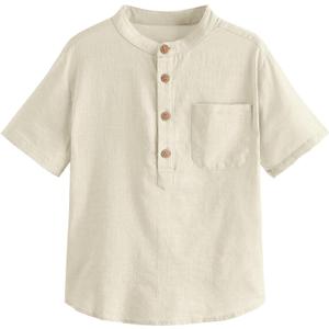 Inorin Boys Button Up Henley Shirt Short Sleeve Lightweight Summer Linen Cotton Dress Shirts Tees Tops with One Pocket (5-6 Years, Beige)