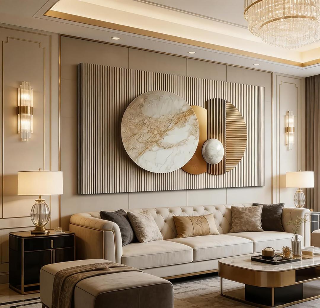 ONEOLTN Large 3D Texture Gold Geometry Canvas Wall Art for Living Room Modern Luxury Abstract Geometric Paintings Minimalist Aesthetic Square Circle Artwork Pictures Bedroom Office Decor 24X 48