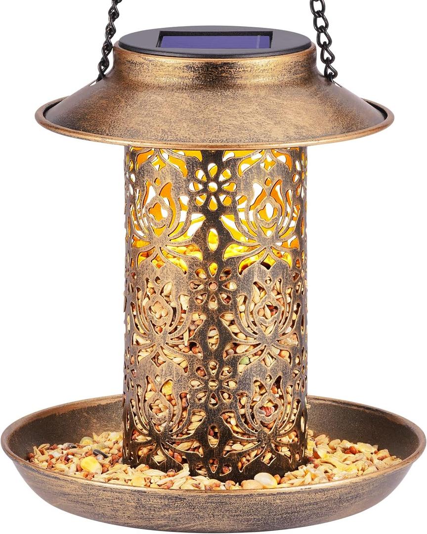 SWEETFULL Solar Bird Feeder for Outdoors Hanging, Metal Wild Bird Feeder for Cardinals Solar Garden Lantern with S Hook as Gift for Bird Lovers (2LBs Heavy Duty Birdfeeders)