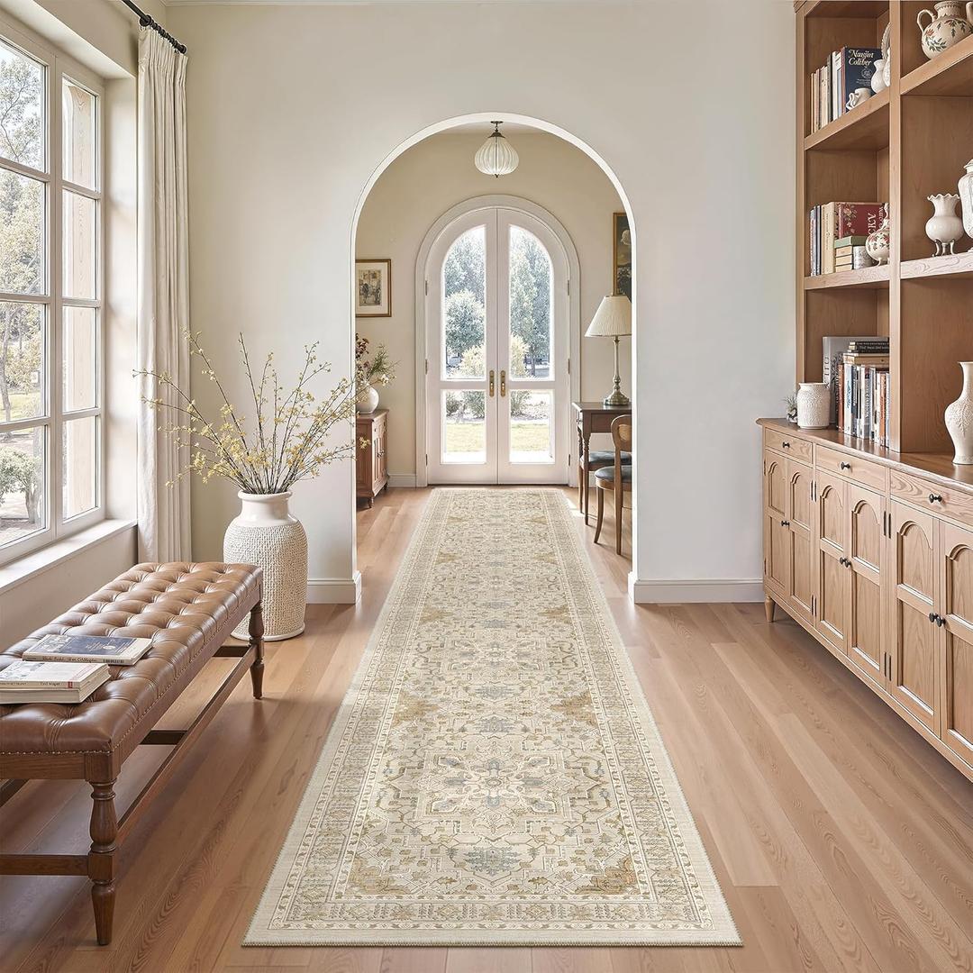 Madane Hallway Runner Rug 2x12, Long Washable Runner Rugs 12ft with Rubber Backing, Non Slip Carpet Runner, Vintage Rug Runners for Kitchen Laundry Room Entryway (Beige/Blue, 2'x12')